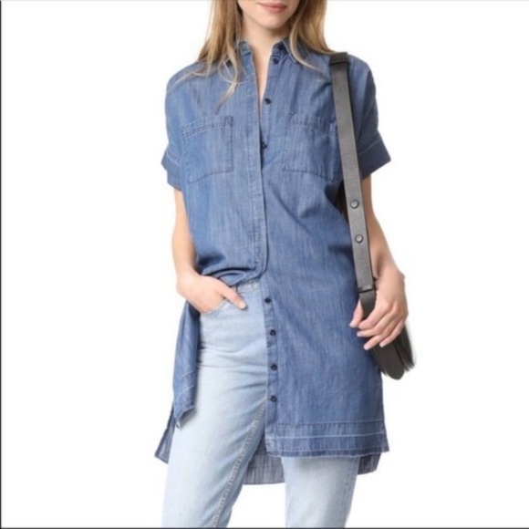 Madewell Chambray Denim Raw Edge Drop Hem Short Sleeve Button Down Shirt Dress - Picture 3 of 9